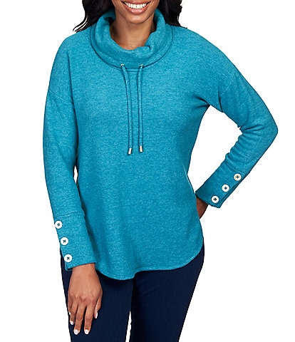 Ruby Rd. Lightweight Slub Knit Drawstring Cowl Neck Long Sleeve Pullover
