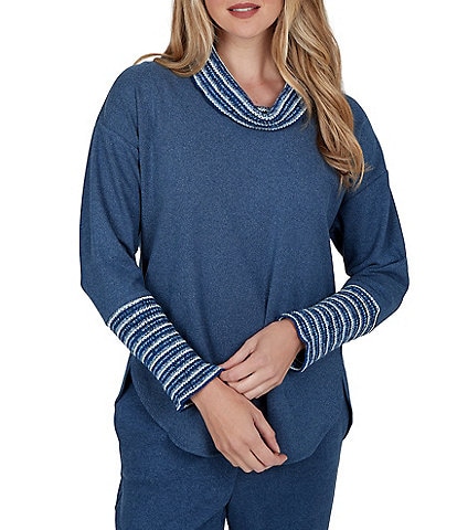 Ruby Rd. Luxe Ribbed Knit Combo Fair Isle Trim Cowl Neck Long Sleeve Sweater