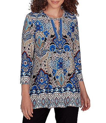 Ruby Rd. Medallion Knit Keyhole Round Neck 3/4 Sleeve Top