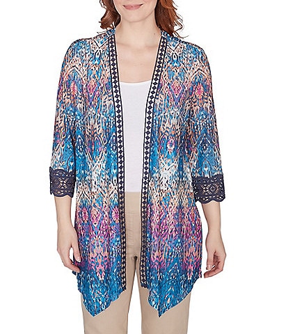 Ruby Rd. Medallion Print Mesh Lace Trim 3/4 Sleeve Open-Front Cardigan