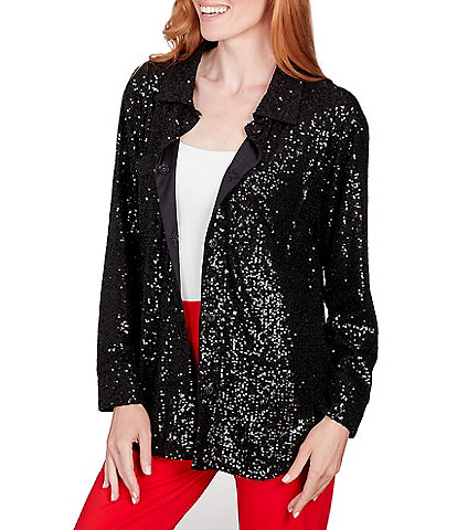 Ruby Rd. Mesh Sequin Accent Point Collar Long Sleeve Snap-Front Shacket