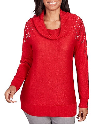 Ruby Rd. Metallic Detail Cowl Neck Embellished Sleeve Pullover Sweater