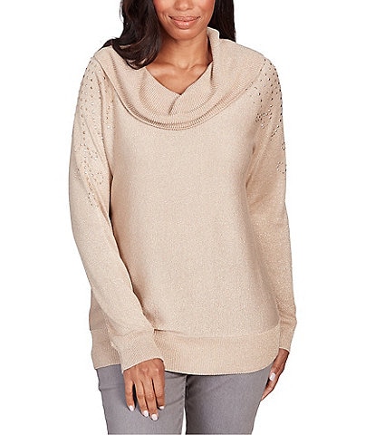 Ruby Rd. Metallic Detail Cowl Neck Embellished Sleeve Pullover Sweater