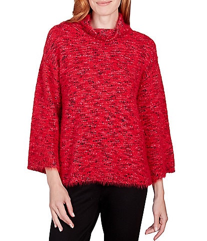 Ruby Rd. Metallic Detailing Cozy Cowl Neck 3/4 Sleeve Fuzzy Sweater