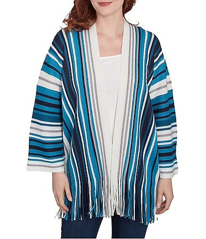 Ruby Rd. Metallic Striped Long Sleeve Fringed Hem Open-Front Car Sweater