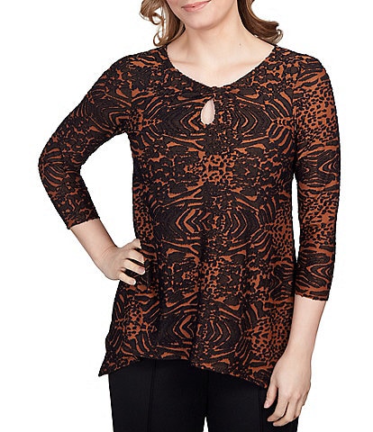 Ruby Rd. Animal Print Burnout Knit Jacquard Keyhole Neck 3/4 Sleeve Shirt