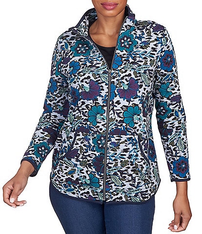Ruby Rd. Mixed Animal Floral Print Piped Trim Zip-Up Jacket