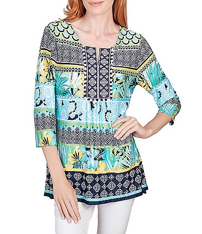 Ruby Rd. Mixed Border Print Knit Split Square Neck 3/4 Sleeve Top