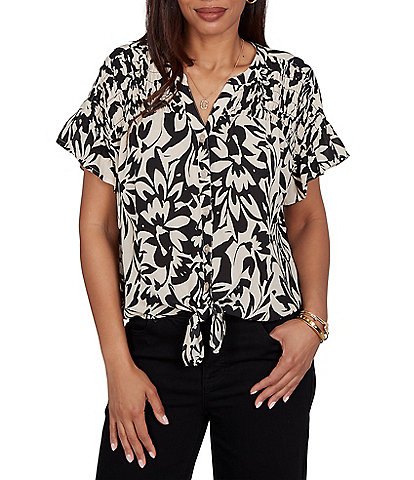 Ruby Rd. Mixed-Media Monochrome Floral V-Neck Short Ruffle Sleeve Button Tie Front Shirt