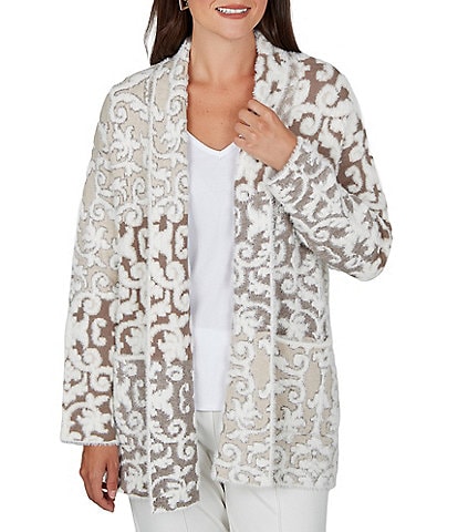 Ruby Rd. Mixed Yarn Ornate Motif Jacquard Shawl Collar Long Sleeve Open Front Cardigan