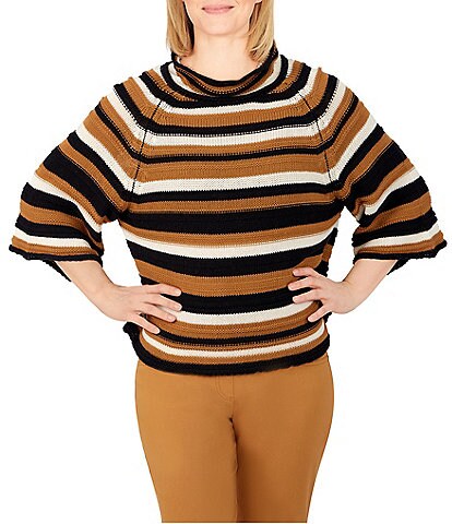 Ruby Rd. Neutral Stripe Mock Neck 3/4 Sleeve Pullover Sweater