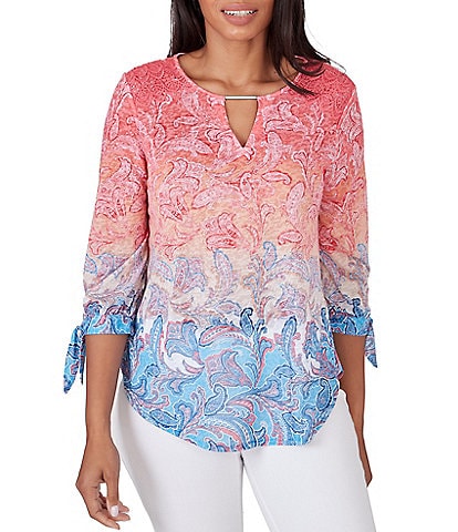 Ruby Rd. Ombre Paisley Print Knit Keyhole Neck Embroidered Shoulder Tie-Sleeve Top