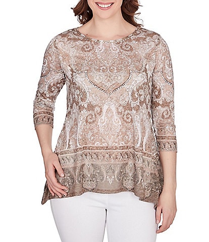 Ruby Rd. Paisley Border Print Crew Neck 3/4 Sleeve Knit Embellished Bohemian Top