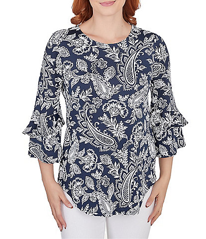 Ruby Rd. Paisley Floral Print Knit Scoop Neck Double Flounce Sleeve Top