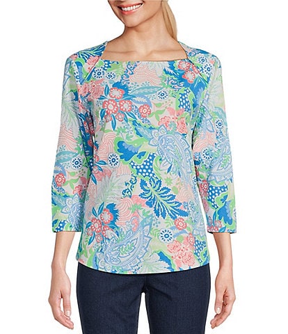 Ruby Rd. Paisley Floral Print Knit Square Neck 3/4 Sleeve Top