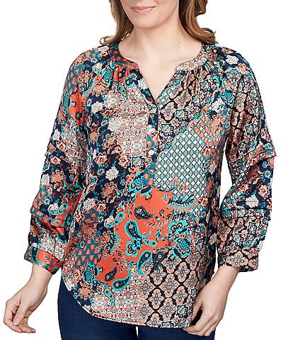 Ruby Rd. Paisley Patchwork Print Y-Neck 3/4 Sleeve Top