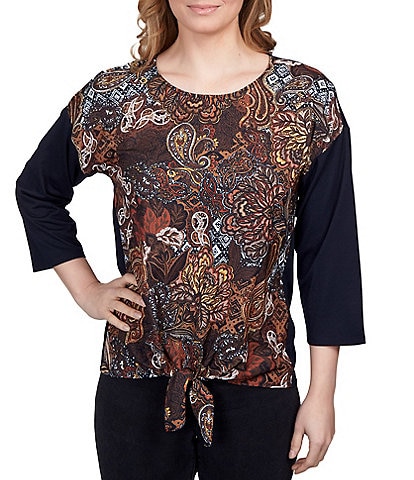 Ruby Rd. Paisley Print Front Scoop Neck 3/4 Sleeve Solid Back Mix Media Shirt