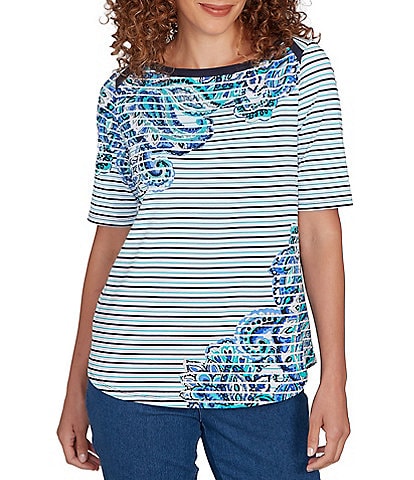 Ruby Rd. Paisley Stripe Envelope Neck Short Sleeve Top