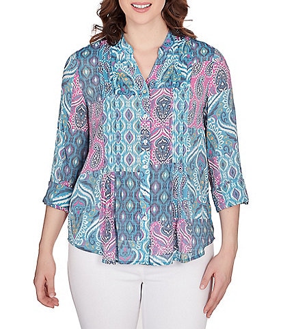 Ruby Rd. Patchwork Print Banded Collar Roll-Tab Sleeve Pleat Detail Button-Down Blouse