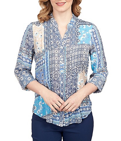 Ruby Rd. Patchwork Print Y-Neck Pleat Detail Roll-Tab Sleeve Button-Front Top