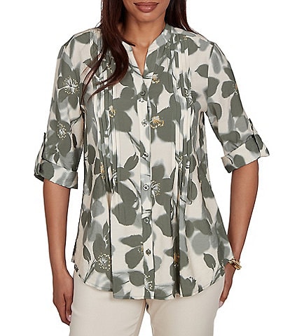 Ruby Rd. Petite Multi Silky Voile Shadow Floral Split V-Neck 3/4 Sleeve Pleated Button Front Shirt