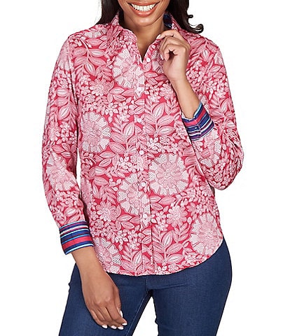 Ruby Rd. Petite Size Abstract Floral Print Wrinkle Resistant Point Collar Long Sleeve Button Front Shirt