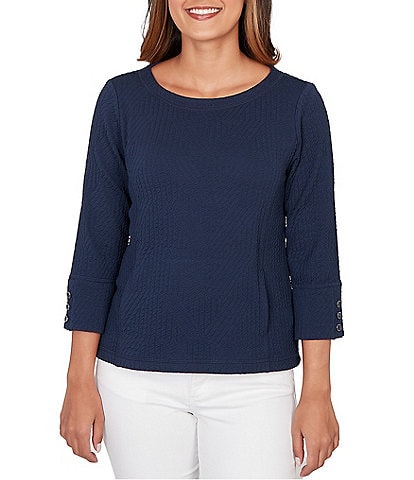 Ruby Rd. Petite Size Abstract Textured Pucker Knit Scoop Neck 3/4 Sleeve Top