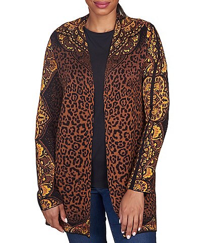 Ruby Rd. Petite Size Animal Print Knit Long Sleeve Open Front Closure Cardigan