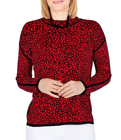Ruby Rd. Petite Size Animal Print Mock Neck Long Sleeve Sweater