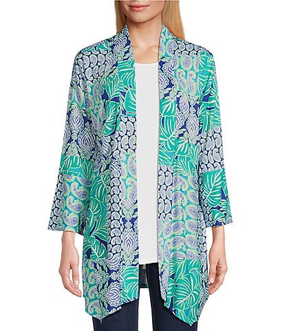 Ruby Rd. Petite Size Bali Patchwork Print Shawl Collar Long Sleeve Open-Front Cardigan