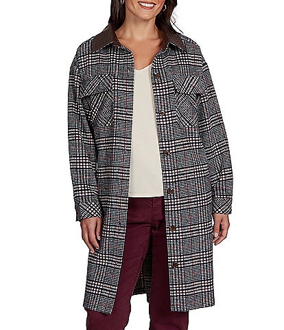 Ruby Rd. Petite Size Basket Weave Brushed Plaid Faux Leather Collar Long Sleeve Button Front Jacket