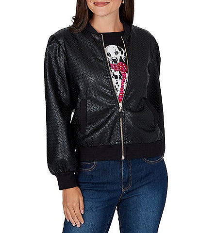 Ruby Rd. Petite Size Basketweave Faux Leather Band Collar Long Sleeve Zip Front Bomber Jacket