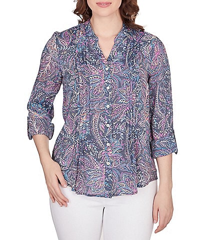 Ruby Rd. Petite Size Batik Floral Print Woven Band Notch Neck Roll-Tab Sleeve Pleat Front Button Dow Top