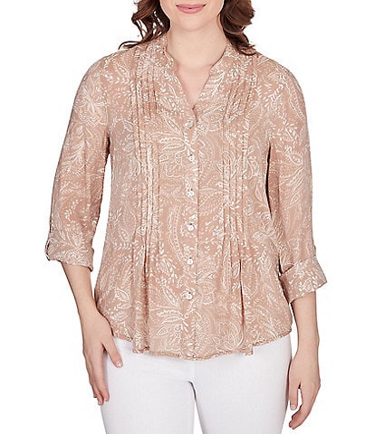 Ruby Rd. Petite Size Batik Floral Print Woven Band Notch Neck Roll-Tab Sleeve Pleat Front Button Down Top