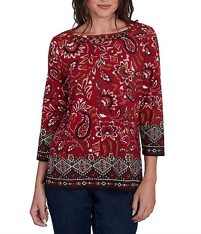 Ruby Rd. Petite Size Paisley Border Print Embellished Boat Neck 3/4 Sleeve Knit Top