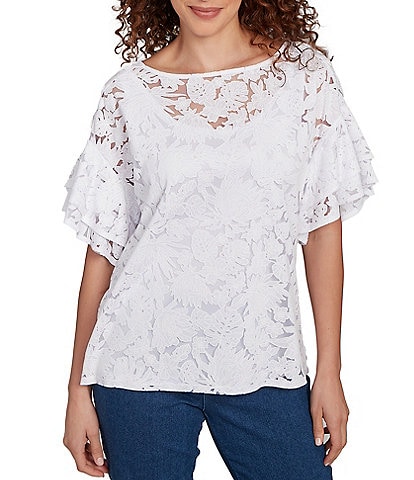 Ruby Rd. Petite Size Burnout Island Print Boat Neck Short Ruffle Sleeve Lined Top