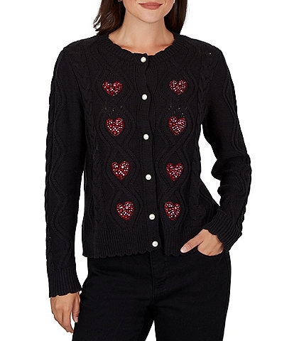 Ruby Rd. Petite Size Cable Knit Crystal Heart Scalloped Scoop Neck Long Crew Button Front Cardigan