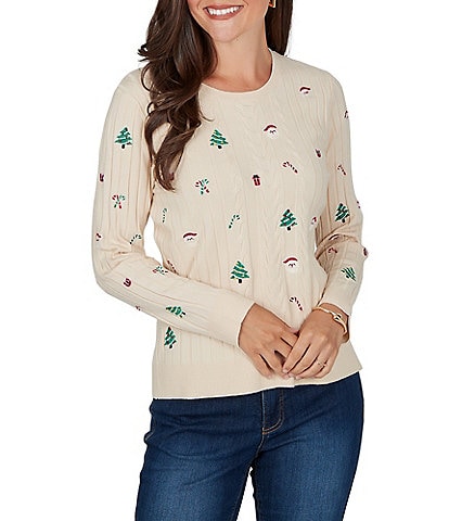 Ruby Rd. Petite Size Cable Knit Embroidered Christmas Motif Crew Neck Long Sleeve Sweater