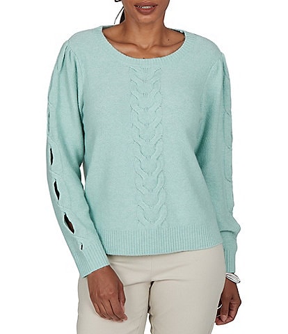 Ruby Rd. Petite Size Cable Knit Scoop Neck Long Open Sleeve Detail Sweater
