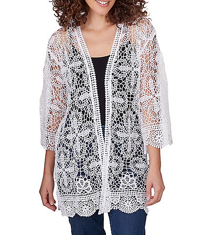 Ruby Rd. Petite Size Medallion Lace 3/4 Sleeve Open-Front Cardigan
