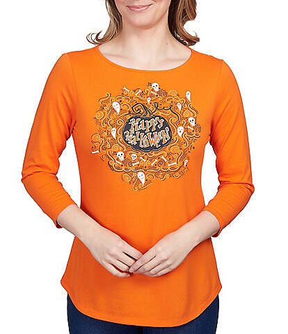 Ruby Rd. Petite Size Carved Pumpkin Knit Boat Neck 3/4 Sleeve Shirt