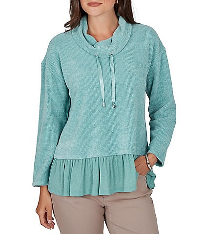 Ruby Rd. Petite Size Chenille Knit Mixed Media Cowl Neck Long Sleeve Ruffle Hem Combo Top