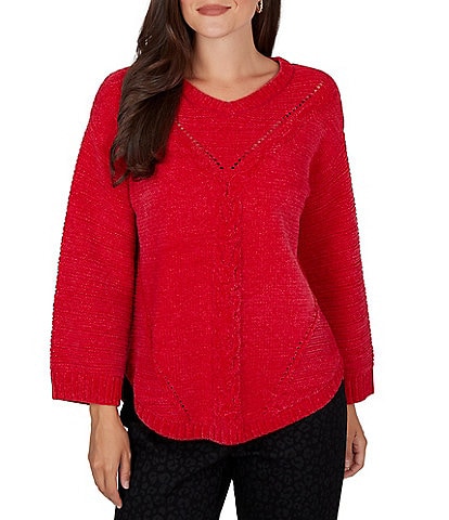 Ruby Rd. Petite Size Chenille Shimmer Knit V-Neck Long Sleeve Sweater