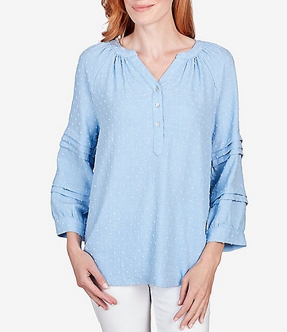 Ruby Rd. Petite Size Clip Dot Woven Notch Neckline 3/4 Pleated Sleeve Shirttail Hem Shirt