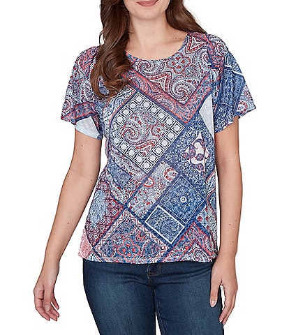Ruby Rd. Petite Size Colorful Patchwork Print Scoop Neck Short Sleeve Knit Tee