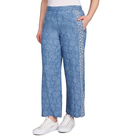 Ruby Rd. Petite Size Contrast Floral Border Print Wide Leg Pull-On Ankle Pants