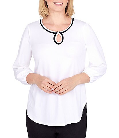 Ruby Rd. Petite Size Contrast Trim Keyhole 3/4 Sleeve Knit Top