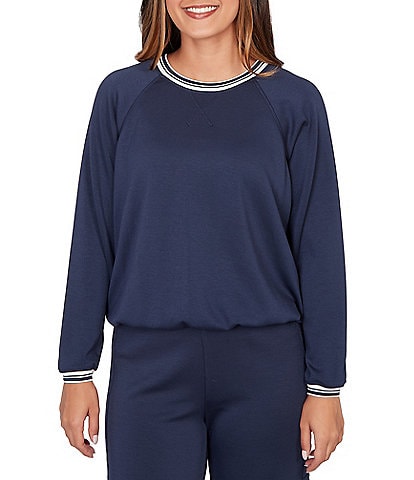 Ruby Rd. Petite Size Coordinating Contrast Stripe Crew Neck Long Raglan Sleeve Cinched Bubble Hem Knit Top