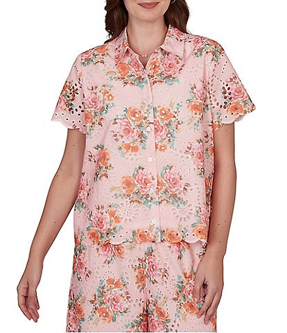 Ruby Rd. Petite Size Coordinating Floral Eyelet Point Collar Short Sleeve Button Front Camp Shirt