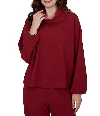 Ruby Rd. Petite Size Coordinating Premium Ribbed Knit Cowl Neck Long Bubble Sleeve Top